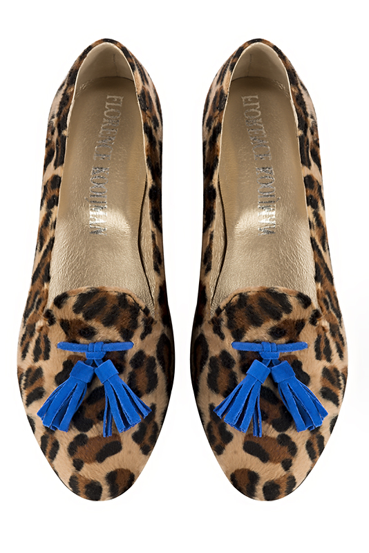 Safari black and electric blue women's loafers with pompons. Round toe. Flat leather soles. Top view - Florence KOOIJMAN